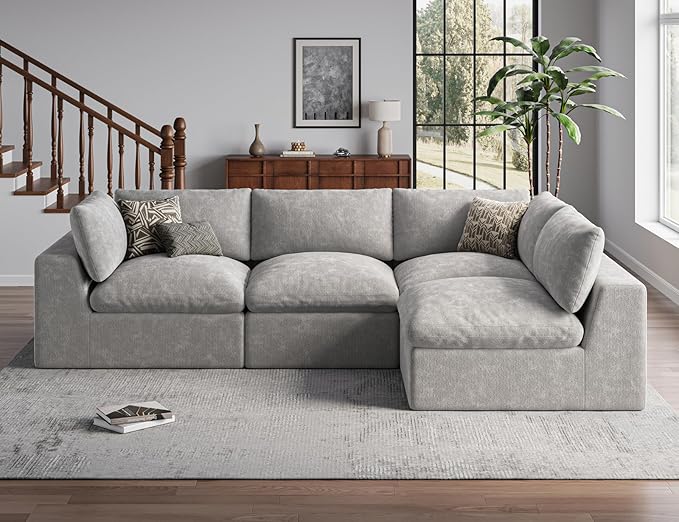 120" Cloud Sectional Couch | Oversize Boneless Couches for Living Room | 4 Seater L-Shape Sofa | Light Grey