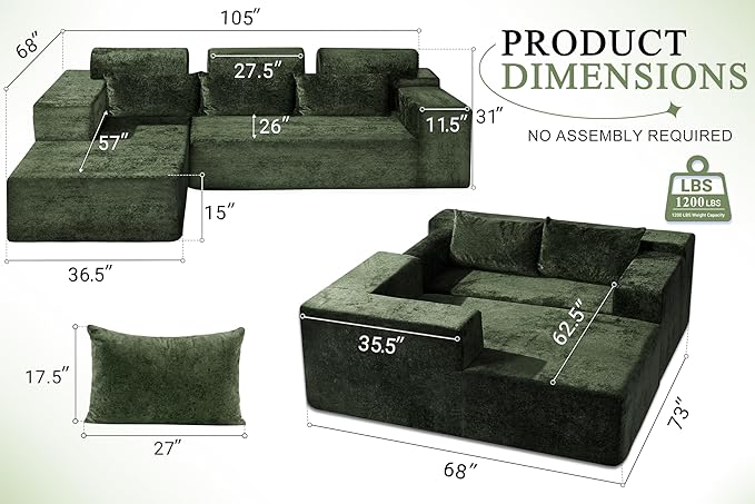 HABUTWAY 105" L-Shape Modular Sectional Sofa Couch for Living Room,No Assembly Required,Modular Comfy Sofa with Deep Seat for Living Room Bedroom,Luxury Distressed Velvet(Left,Green)