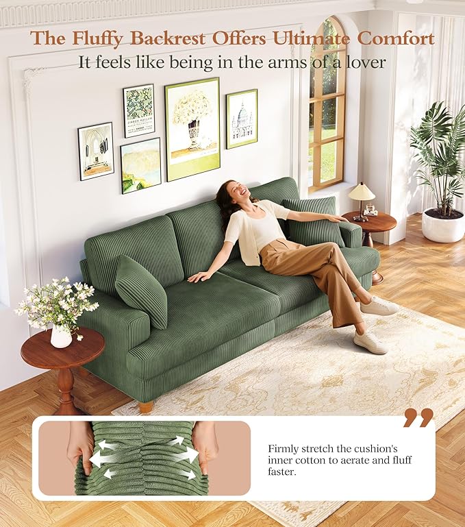Kidirect 87in L Shaped Couch, Modular Sofa No Tool Assembly, Comfy Sectional Couches for Living Room 21in Deeper Seats, Corduroy Sofas for Living Room with 2 Pillows, Loveseat Sofa Set, Green Couch | Comfy Corduroy, Oversized 87in Couch, 850LB Tough, T...