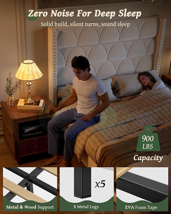 OHOHOLIVE Queen Size Bed Frame with 56" Headboard - Velvet Upholstered Wingback Platform Bed Frame, Noise Free, Sturdy Wooden Slat Support (Cream, Queen)