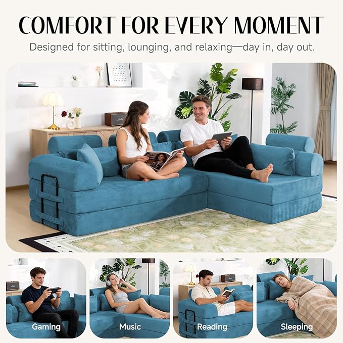 106" L-Shaped Modular Boneless Couch, 2-Piece System (2×70.87"), Convertible Sectional to 141.7" Straight Sofa, Corduroy Couch in a Box, Headrest & Back Pillows for Living Room, Ocean Blue