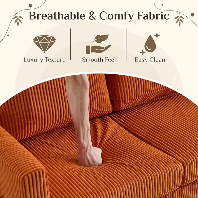 Karl home Small Sectional Couch L Shaped Sofa with Movable Storage Ottoman Corduroy Upholostered Sofa Chaise with Side Pockets for Living Room, Apartment, Studio, Orange