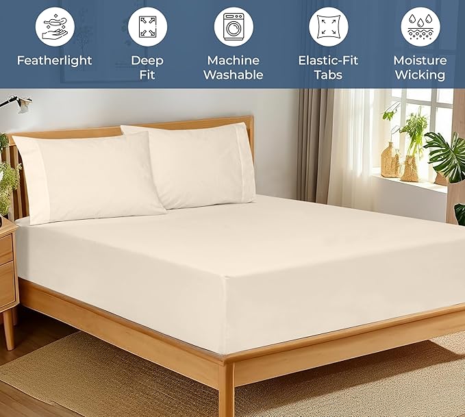 Royale Linens 100% Organic Cotton Fitted Sheet - Percale Weave - Super Soft Deep Pocket Bottom Sheets - Sage Green Elastic Sheet Twin Size - Twin Fitted Sheets Only - (39"x75"+15", Cream)