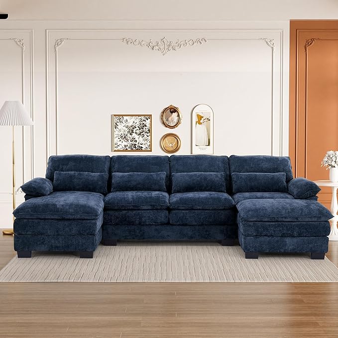 113" Cloud Couch Sectional Modular Sofa U Shaped Sectional Couches for Living Room Comfy 5-Seater Deep Seat Couch Chenille Cloud Sectional Sofa with Movable Ottoman & 4 Pillows, Blue