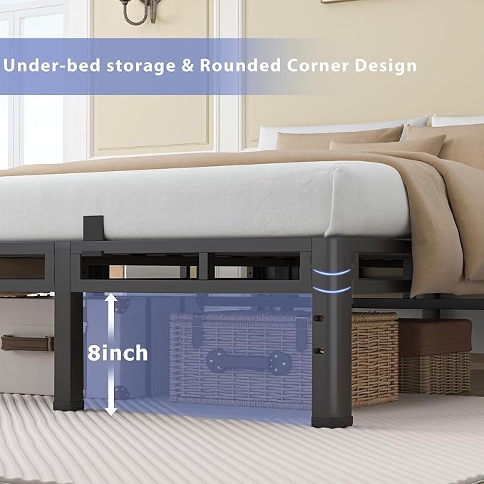 NKZ 12 Inch King Size Bed Frame, Metal Bed Frame & Box Spring 2 in 1 Platform with Round Corner Legs, 4000Lbs Heavy Duty Metal Frame, Mattress Slide Stopper, Headboard Hole, Noise-Free, Easy Assembly