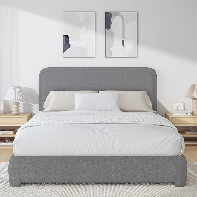 BarnFurin Full Size Bed Frame with Headboard, Boucle Upholstered Platform Bed Frame, Soft Rounded Corners, No Box Spring Required, Non-Slip and Noise-Free, Easy Assembly, Light Grey