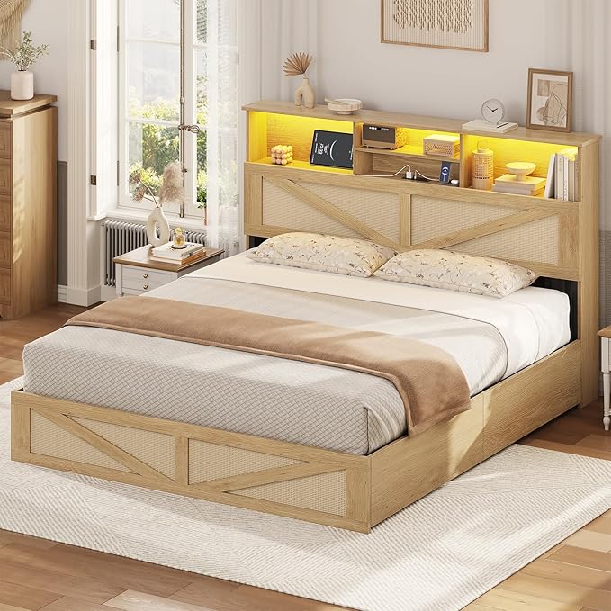 VIAGDO Bed Frame Queen Size with Bookcase Storage Headboard, Charging Station and LED Lights, Wooden Queen Bed Frame with 4 Drawers, Barn Door Design, No Box Spring Needed, No Noise, Natural Rattan