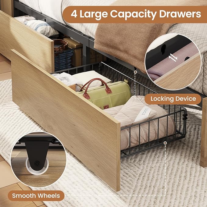 VIAGDO Bed Frame Queen Size with Bookcase Storage Headboard, Charging Station and LED Lights, Wooden Queen Bed Frame with 4 Drawers, Barn Door Design, No Box Spring Needed, No Noise, Natural Rattan