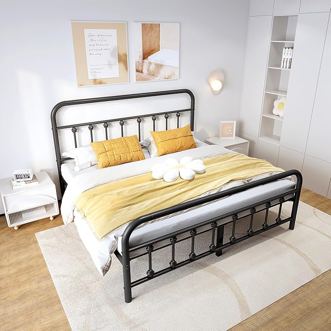 Vengarus Metal Bed Frame,Full Size Bed Frame with Headboard,Structurally Stable, Heavy Duty Steel Slat Supported,Under Bed Storage,No Box Spring Needed,14 Inch,Black