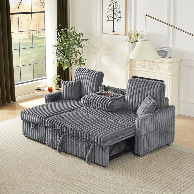Sleeper Sofa Bed, 81” Pull Out Couch Bed with Reversible Storage Chaise, 3 in 1 L-Shaped Couch with Charging Station, Cup Holder, Side Pocket, Plush Corduroy Couches for Living Room(Light Grey)