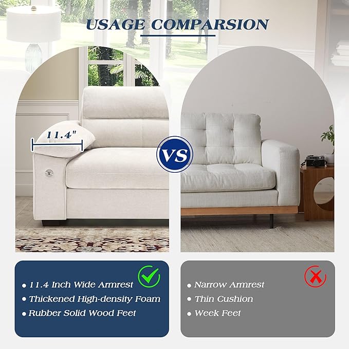 WorthFurni Sofas for Living Room, Chenille Pillow-Armrest Loveseat Couch Set, Small Sofa, 3 Seater Sofa, USB Charging, Removable Sofa Cover, Solid Wood Frame, Easy to Install (90.5 inch, Beige)