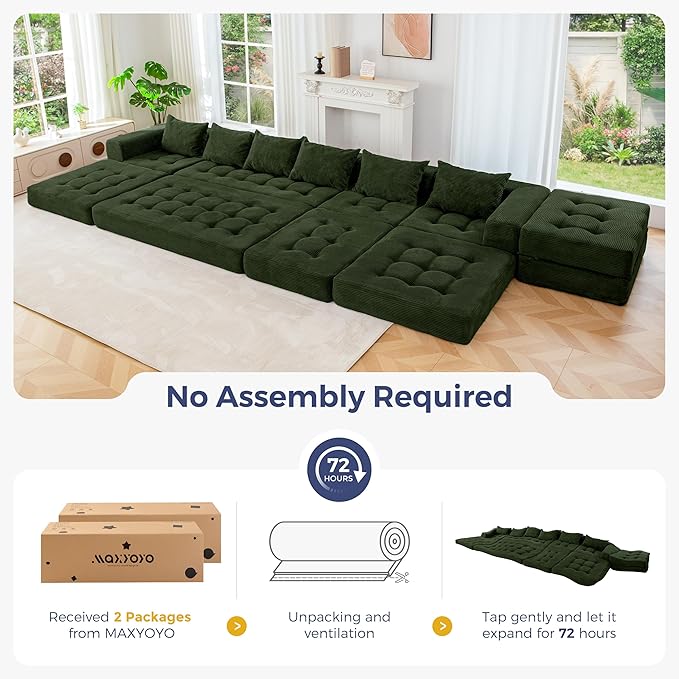 MAXYOYO Modular Sectional Sofa Couch, Foldable U Shaped Cloud Couch with Pillows, Tufted 7-Seat Boneless Sleeper Lounger Floor Sofa Bed for Living Room, No Assembly Required, Dark Green