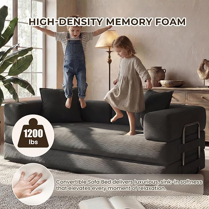 78 Inch Convertible Sofa Bed, 5-in-1 Futon Sofa Bed Pull Out Couch, Boneless Couch Bed for Living Room, Corduroy Boneless Couches for Bedroom, Apartment, No Assembly Sleeper Sofa Bed, Gray | 4 Fixed-Shape Frame, Removable Corduroy, High-density foam, W...