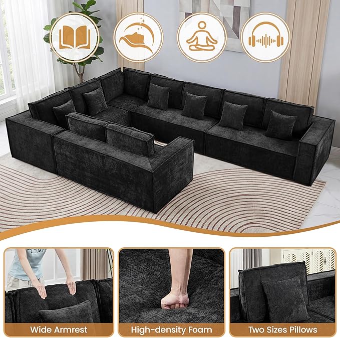 167'' Boneless Chenille U Shaped Couch, Oversized Modular Sectional 9 Seater Sofa, Modern Deep Seat Corner Cloud Compressed Couch, No Assembly Sleeper Sofa with Chaise for Living Room, Black