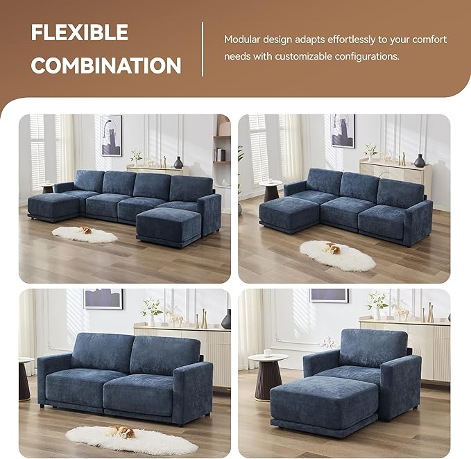 110.6" L Shaped Modular Sectional Sofa Modern Chenille Comfy Couch with Thickened Seat Cushions, Easy Assembly, Upholstered 4 Seater Couch with Movable Ottoman for Living Room, Blue