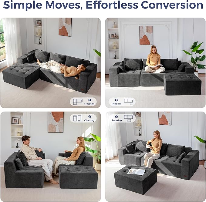 MAXYOYO Modular Sectional Sofa Couch, L Shaped Boneless Cloud Couch with Flexible Ottoman, Chenille Upholstered Living Room Sleeper Sofa Chair for Living Room, No Assembly Required, Dark Grey