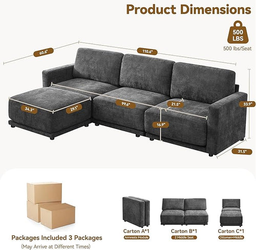 110.6" L Shaped Modular Sectional Sofa Modern Chenille Comfy Couch with Thickened Seat Cushions, Easy Assembly, Upholstered 4 Seater Couch with Movable Ottoman for Living Room, Grey