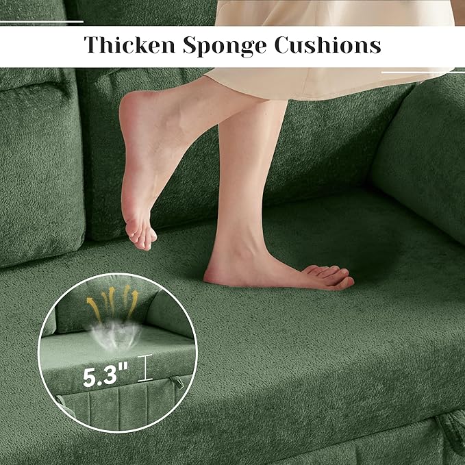 Tbfit 84'' Sleeper Sofa Bed, 3 in 1 Cloud Pull Out Sofa Couch with USB & Storage Chaise, Chenille Convertible Sofa Bed with Pull Out Bed, Couches for Living Room, Apartment, Office, Green