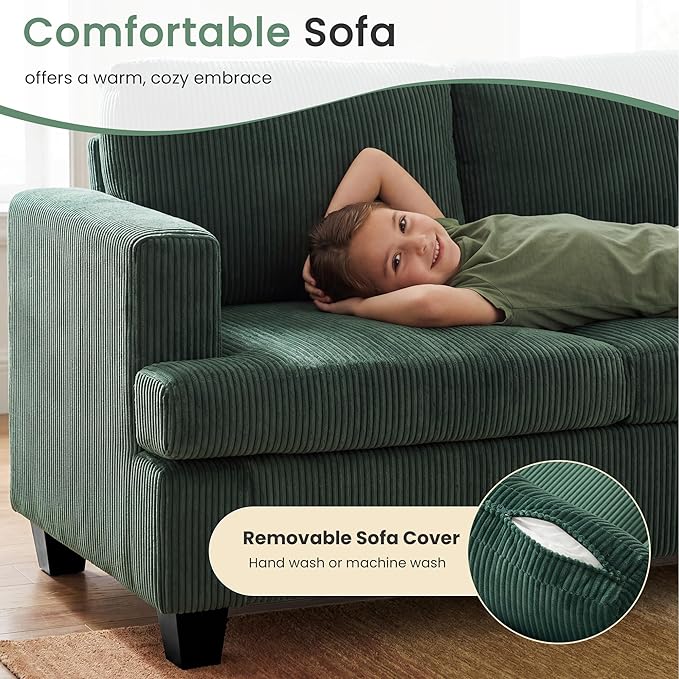 YOUDENOVA 2 Piece Set Comfy Sofa Couch, 3 Seater & Loveseat Sofa with Deep Seats, Modern Sleeper Couch for Living Room, Green Corduroy
