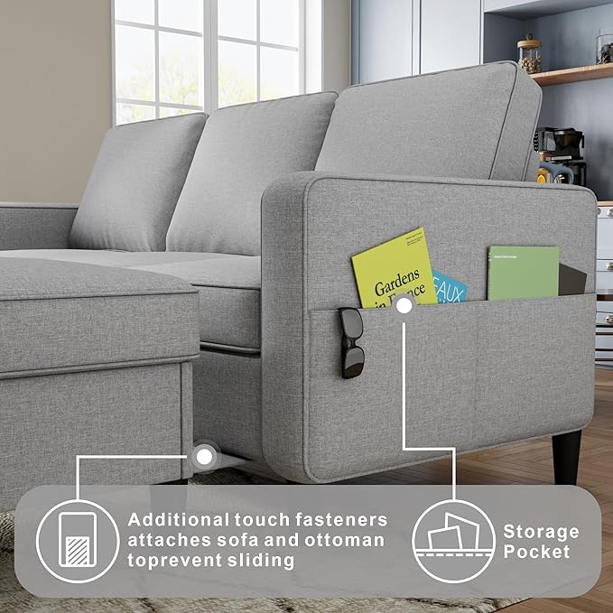 Sectional Sofa and Couches for Living Room, 78'' Light Grey 3 Seat L-Shaped Couch with Movable Ottoman, Comfy Linen Convertible Sectionals Sofas with Chaise for Apartment, Dorm, Small Space