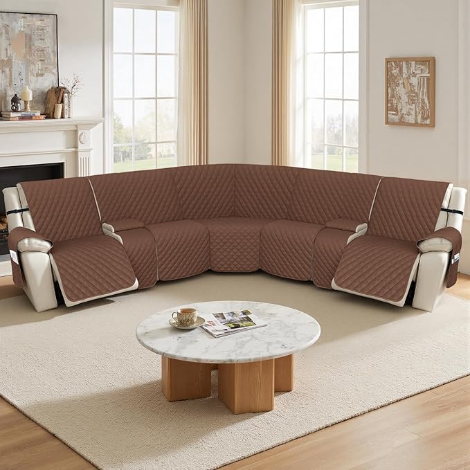 Arfntevss Recliner Sectional Couch Covers 1OO% Waterproof L Shape Sofa Cover for Reclining L Shaped Sectional Slipcover Dog Washable Corner Non Slip Protector (5 Seater with 2 Console, Coffee)