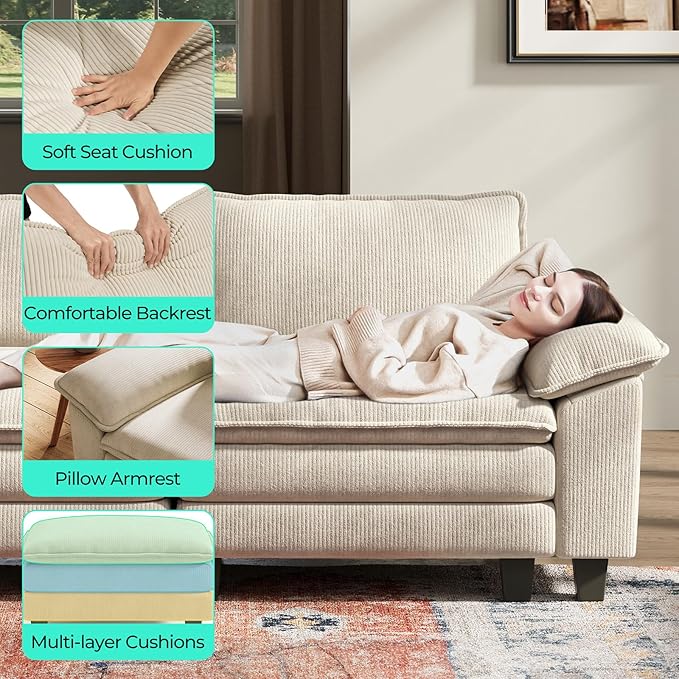 LINSY HOME 123'' Modular Sectional Sofa Beige Couch Corduroy Cloud Couches for Living Room, L Shaped Couch with Movable Ottoman, Modern Cloud Sectional Sofas for Bedroom and Apartment, Beige