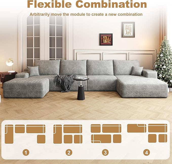 136" Sectional Couches for Living Room Cloud Couch Sofa with L-Shape Upholstered Boneless Couchs Modern Modular Sectional Couch with Chaise (Grey, 136" Right Facing Chaise+3Seaters+Ottoman)