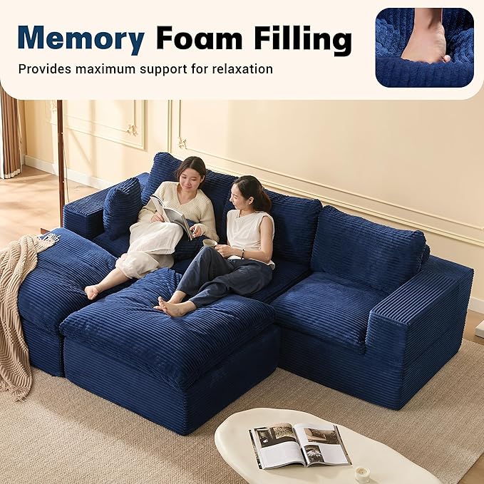 106.3” Sectional Couches for Living Room, Set of Cloud Couch, Modular Sectional Sofa, Convertible Sofas Bed, Deep Seat Sofa, U Shaped Cozy Sofa Furniture Set, Corduroy, Blue
