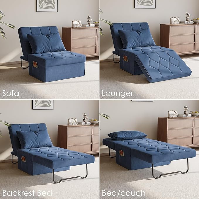 Convertible Sofa Bed with 5-Level Adjustable Backrest, 74" D x 28" W 4-in-1 Folding Ottoman Sleeper Chair Bed, Modern Single Futon Couch for Living Room Apartment Dorm Small Space, Navy Blue