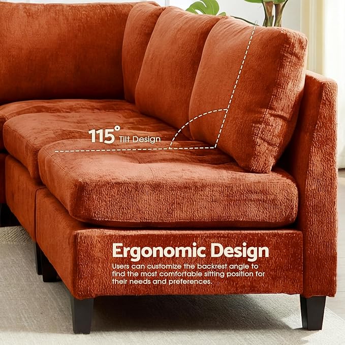 Luxe Oversized Modular Sectional Sofa Set，Modern Chenille Comfy Sectional Cloud Couch for Living Room (6-Seater + 2 * Ottoman + Tea Tray, Orange)