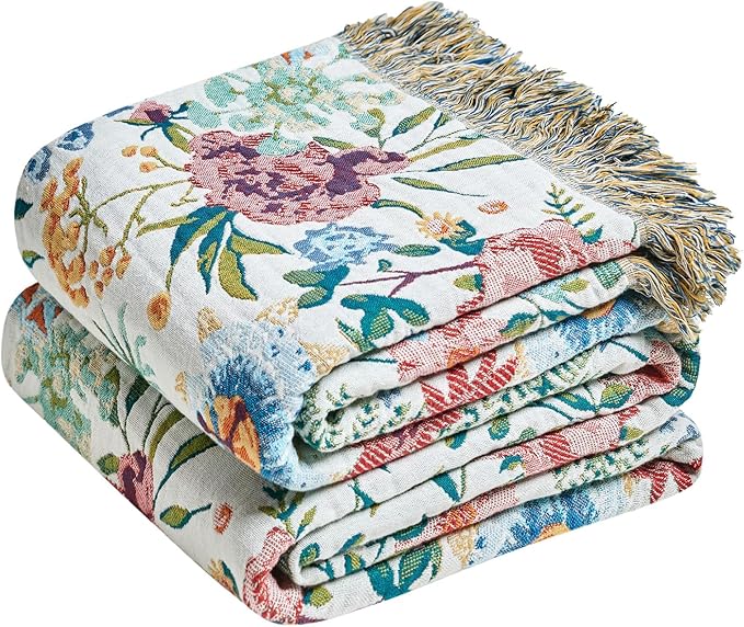 LUTBM Boho Throw Blanket for Bed Cotton Spring Blankets for Bedroom Living Room Twin All Season Lightweight Floral Embroidery Quilt for Couch Sofa Chair 60"x80"