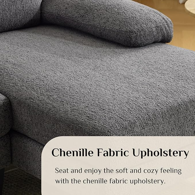 Karl home 110" U-Shape Sectional Couches for Living Room Chenille Upholstery 4 Seat Sofa Set with Double Chaises & Wood Grain Legs for Apartment, Dark Grey