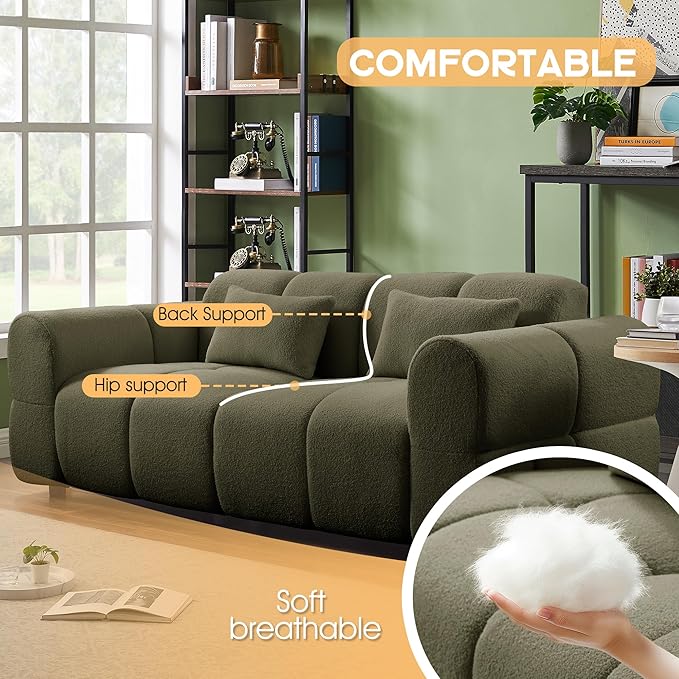 80" Modern Sofa Couch, Comfy Deep Seat Lambswool Cloud Sofa, Upholstered 3-Seater Boucle Couch, Oversized Loveseat for Living Room, Bedroom, Office, Apartment(Green)