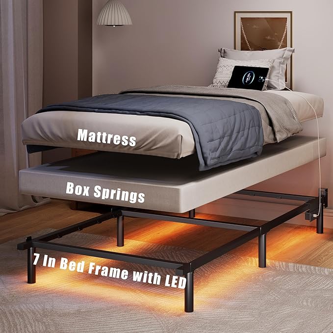 SHOANED Twin XL Size Bed Frame, 7 Inch Metal Steel Bedframe with LED & Charging Station for Box Spring and Mattress, Heavy Duty Basics Bed Base, Noise Free, Easy Assembly, Black
