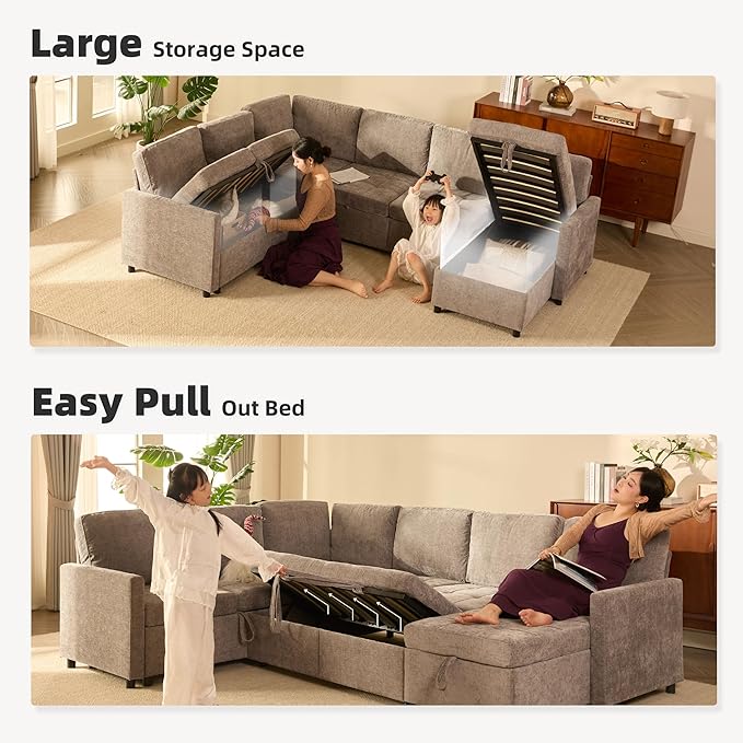 107" Modular Sectional Sleeper Sofa, Set of Modular Pieces with Pull Out Bed, U Shaped Sectional Couch with Storage, Extra Wide&Deep Seat Couches for Living Room, Removable Sofa Cover, Chenille-Slate