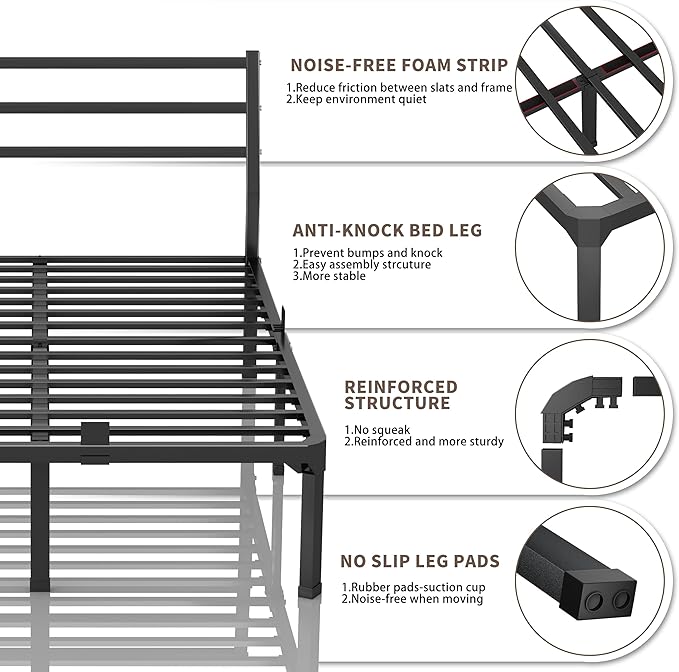 ROIL Full Size Metal Bed Frame with Headboard, 14inch Black Heavy Duty Platform with Steel Slats Support and Mattress Stoppers, 3500LBS No Box Spring Needed, Easy Assembly Noise-Free