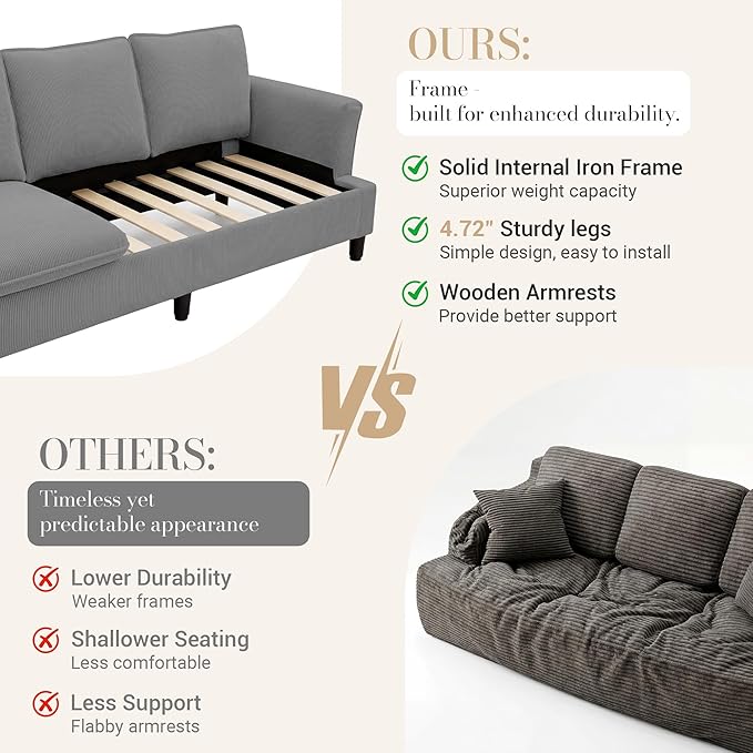 3 Seater Corduroy Couch, Comfy Couch with Deep Seat, Modern Sofa Couch for Living Room, Office, Bedroom, Apartment | Breathable material, Pet - friendly, Strong support