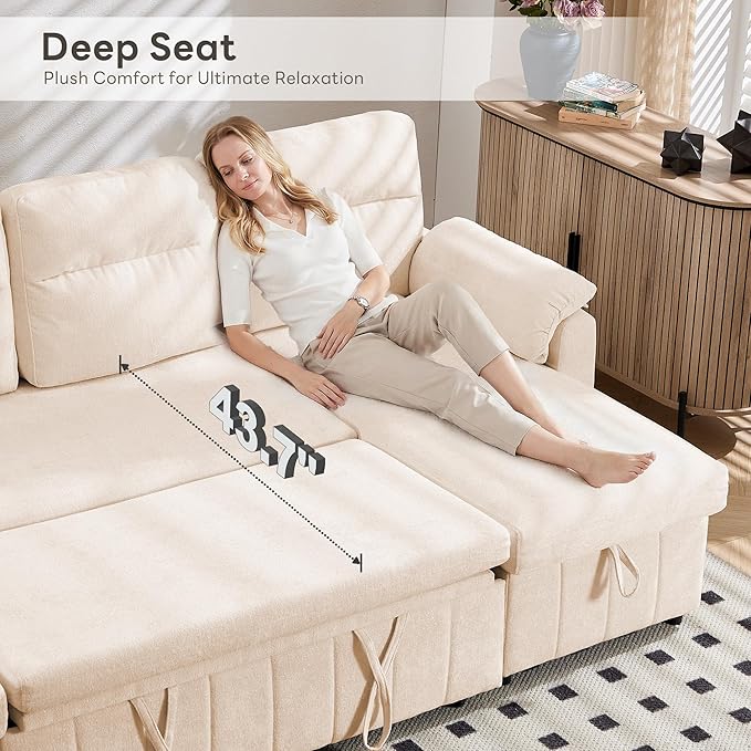 Tbfit 108'' Pull Out Sofa, Cloud Sleeper Sofa Bed with USB & 2 Storage Chaises, Comfy Oersized U Shaped Convertible Sectional Sleeper Couches for Living Room, Apartment, Office, Beige