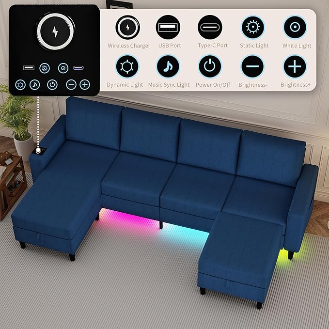 U Shaped Sectional Couches for Living Room, 109" Linen Cloud Couch with Chaise Lounge/Storage Ottoman, 4 Seat Sectional Sofa with Smart Module-Wireless Charging/USB/Type-C/RGB Lights (Blue)