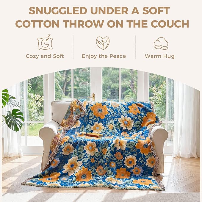 LUTBM Boho Throw Blanket for Bed Cotton Spring Blankets for Bedroom Living Room Twin All Season Lightweight Floral Embroidery Quilt for Couch Sofa Chair 60"x80"