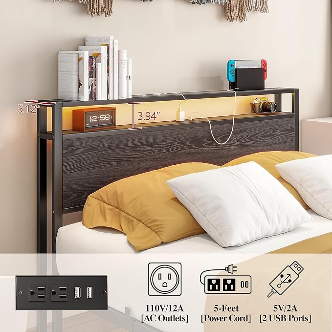 BOFENG Full Size Bed Frame with Wood Storage Headboard/LED Lights,Heavy Duty Platform Metal Bed Frame Full Size with Charging Station No Box Spring Needed,Strong Metal Support,Noise Free,Black