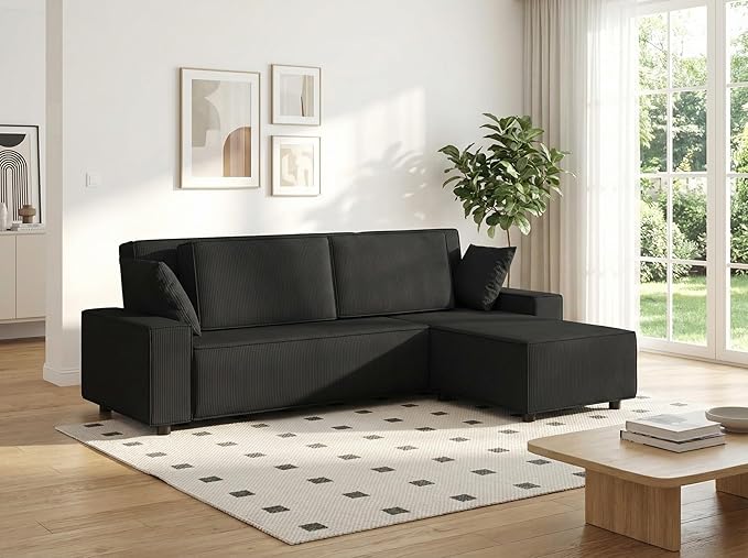 GAOMON Fine Stripe Corduroy Sectional Sofa, l Shaped Modern Corduroy Couch, Comfy Sofa Couch with Deep Chaise for Living Room, Apartment, Hotel, 96" w*61" d*32" h, Black