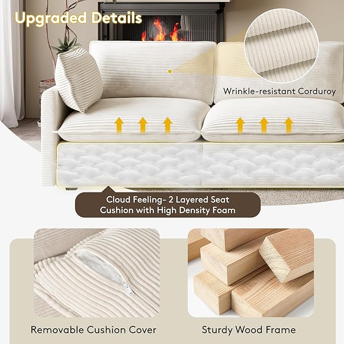 ROWHY 104'' Modular Sectional Cloud Couch with Movable Ottoman, 4 Seat Modern Corduroy Sofa, Deep Seat L Shaped Couch for Living Room Bedroom Apartment, Beige | Premium Corduroy, Washable Covers, Arrange Freedom, Sturdy Frame, Movable Ottoman, Deep Seat