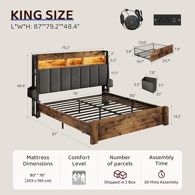 BRELTAM King Size Bed Frame with 2 Storage Drawers, Wood Platform Bed Frame with 2-Tier Storage Headboard Built in Charging Station & LED Light,Noise-Free/Metal Support/No Box Spring Needed,Brown