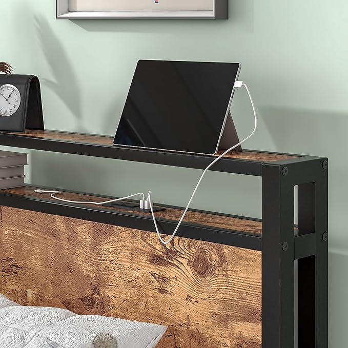 BOFENG Twin Bed Frame with Storage Headboard/USB Charging Station,Heavy Duty Metal Platform Bed Frames Twin Size No Box Spring Needed,Firm Steel Slats Support,Noise Free,Rustic Brown