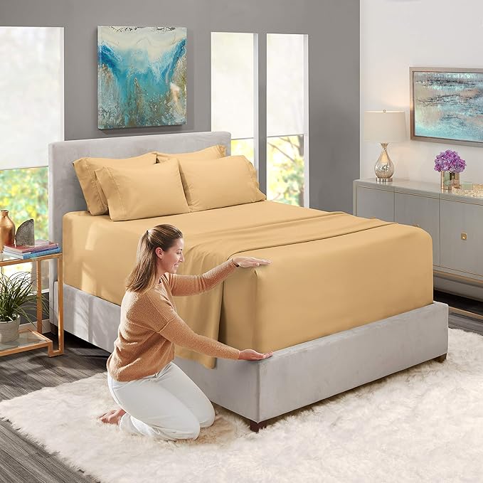 Hearth & Harbor Bed Linen Set - Twin Size - 4 Piece - Microfiber - Deep Pocket - Camel