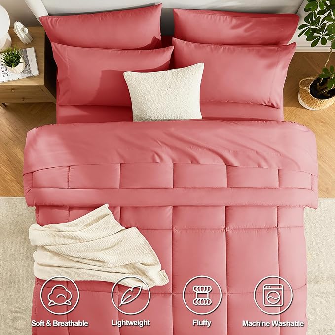 CozyLux Queen Comforter Set Coral, 7 Pieces Bed in a Bag, Coral Comforters Queen Size, All Season Bedding Sets with Stitch Quilted Comforter, Flat Sheet, Fitted Sheet, Pillowcases