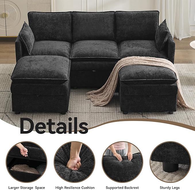 80" Cloud Modular 3 Seater Sofa with 2 Storage Ottoman, Modern Upholstered Storage Sofa Couch Deep Seat, U Shape Sectional Sofa Chenille Comfy Couch with Armrests for Living Room, Small Space, Black | Modular Sofa, Storage Ottoman, Upholstered Sofa, Se...
