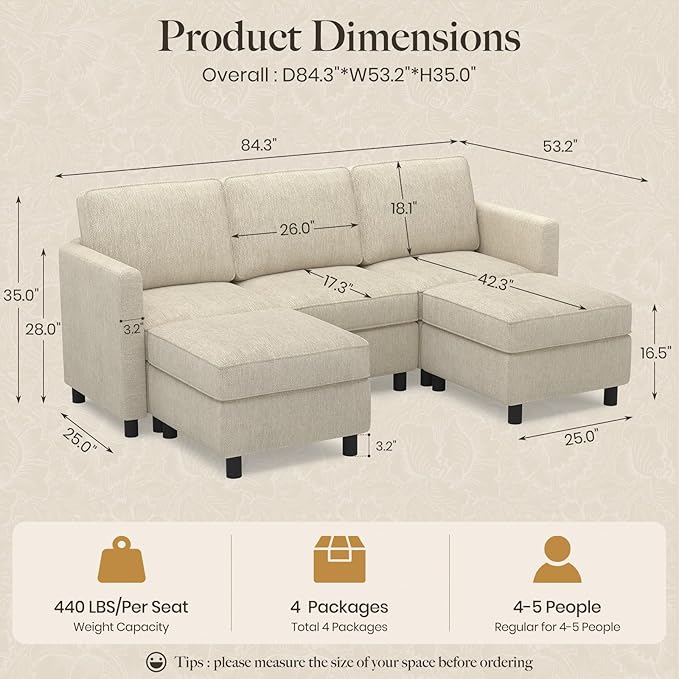 Belffin 84.3" 5 Seats U Shaped Couch Modular Sectional Sofa Washable Sectional Couches for Living Room Comfy Couches with Storage Seat Couch Sofas with Chaise,Beige
