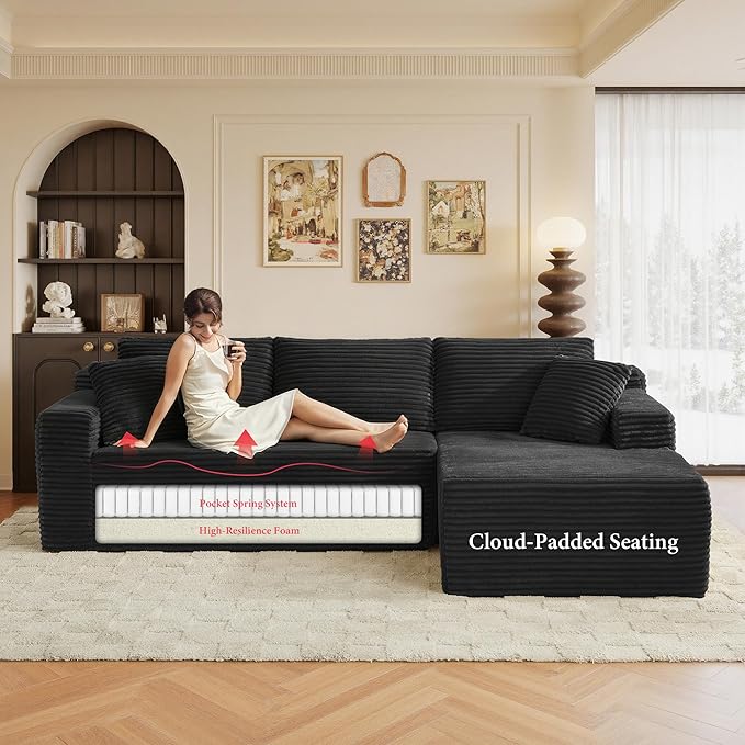 96" Sectional Couches for Living Room Cloud Couch Sofa with L-Shape Upholstered Boneless Couchs Modern Modular Sectional Couch with Chaise (Black, 95" W+Right Facing Chaise+2Seaters)